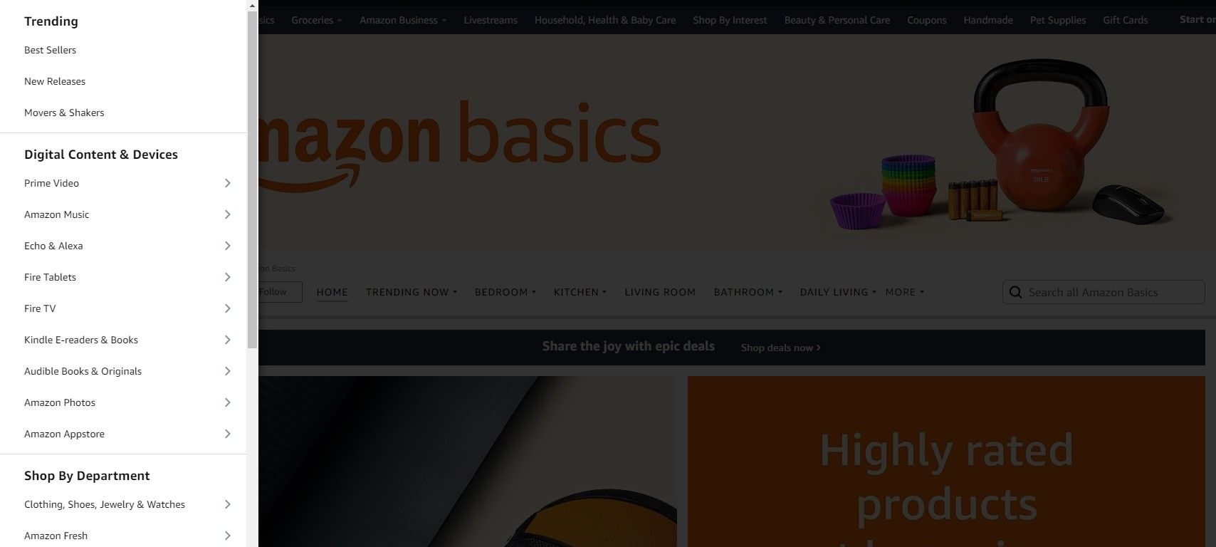 Screenshot of Amazon's website megamenu